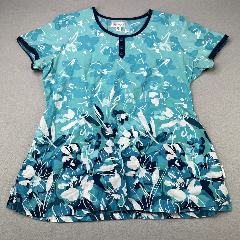 Peaches Uniforms Women's Large Scrub Top Blue Floral Pattern with Seam Pockets